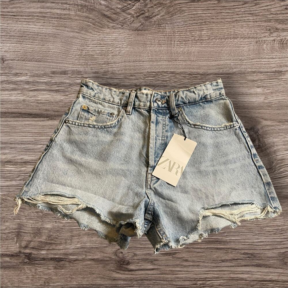 Zara Light Blue Distressed Denim Shorts